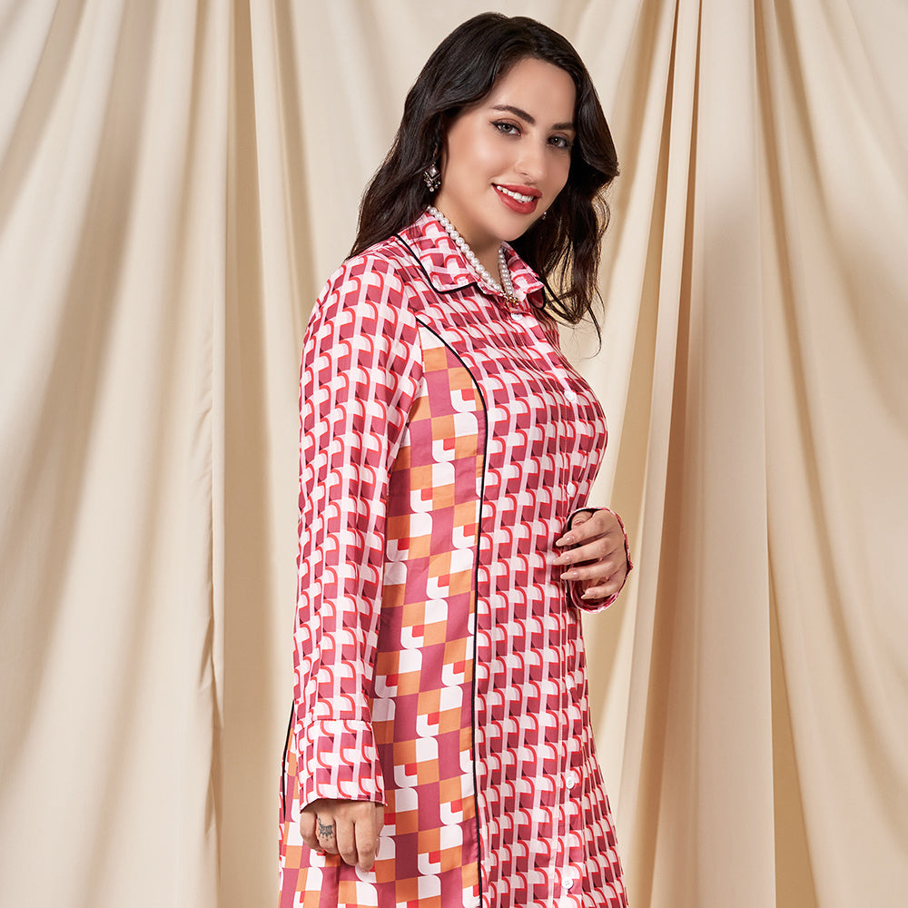 Classical Lapel Geometry Splicing Buttons Shirt Sleeve Mid Dresses