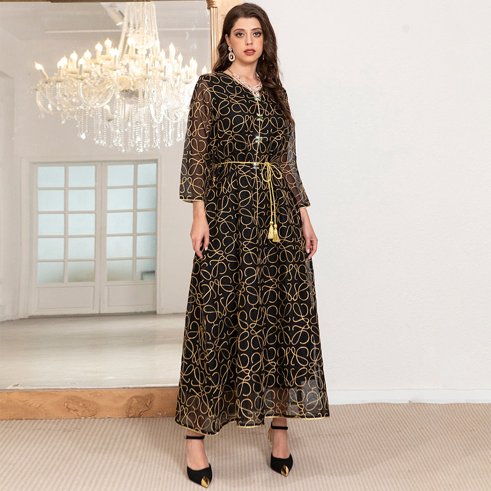 Elegant Style V-neck Geometry Color Contrast Embroidery Belt Regular Sleeve Kaftan Black