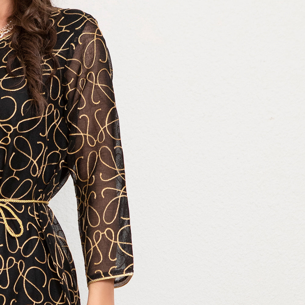 Elegant Style V-neck Geometry Color Contrast Embroidery Belt Regular Sleeve Kaftan Black