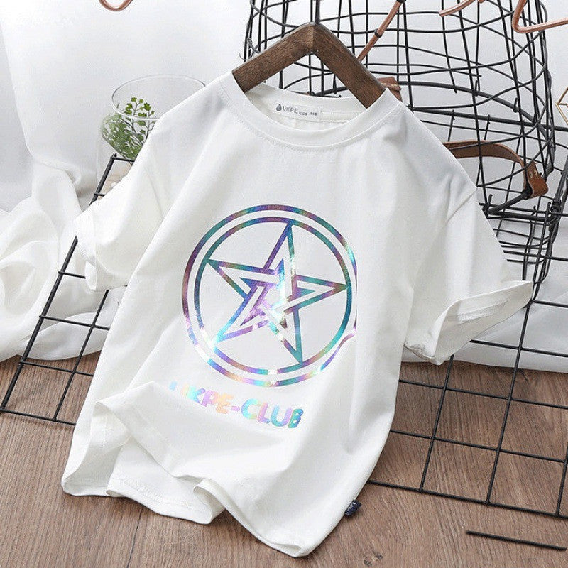 Boys'' Short Sleeve T-shirt Net Red Laser Reflective Cub Children''s Top Fashion