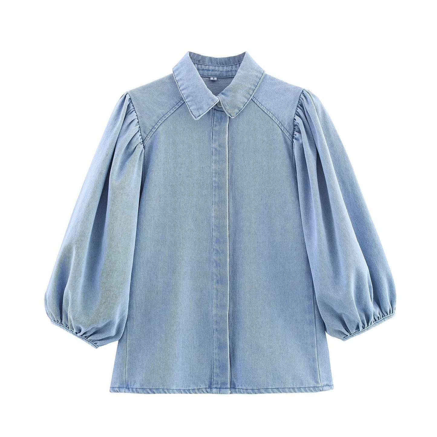 Women's Puff Sleeves Denim Shirt Jeans Suit