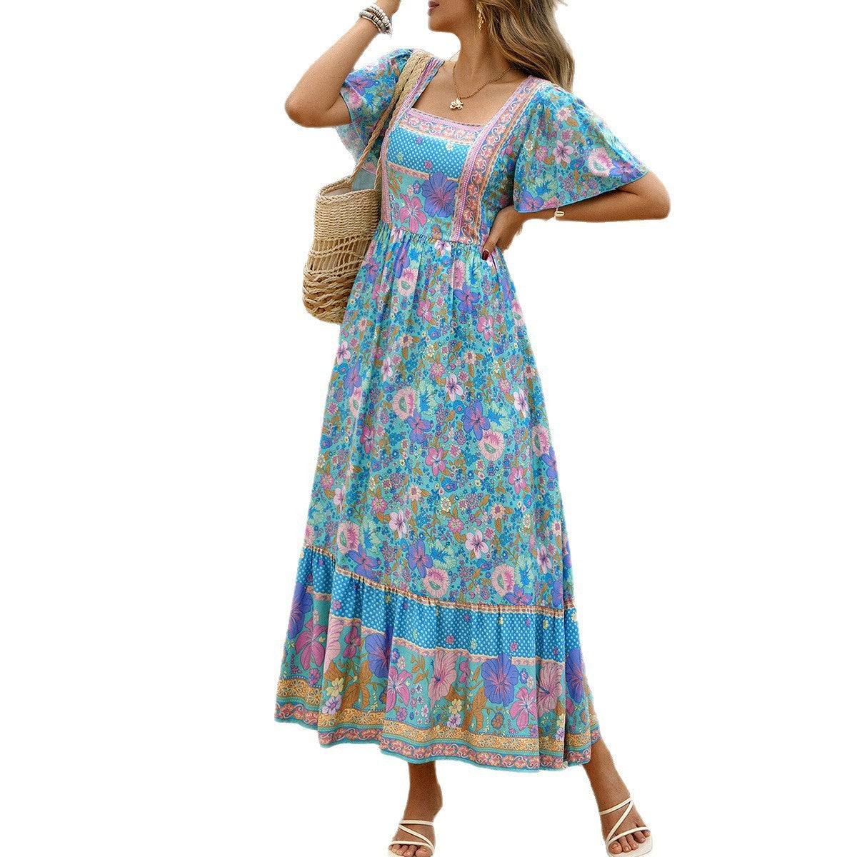 Holiday Floral Print A- Line Dress Women's Clothing