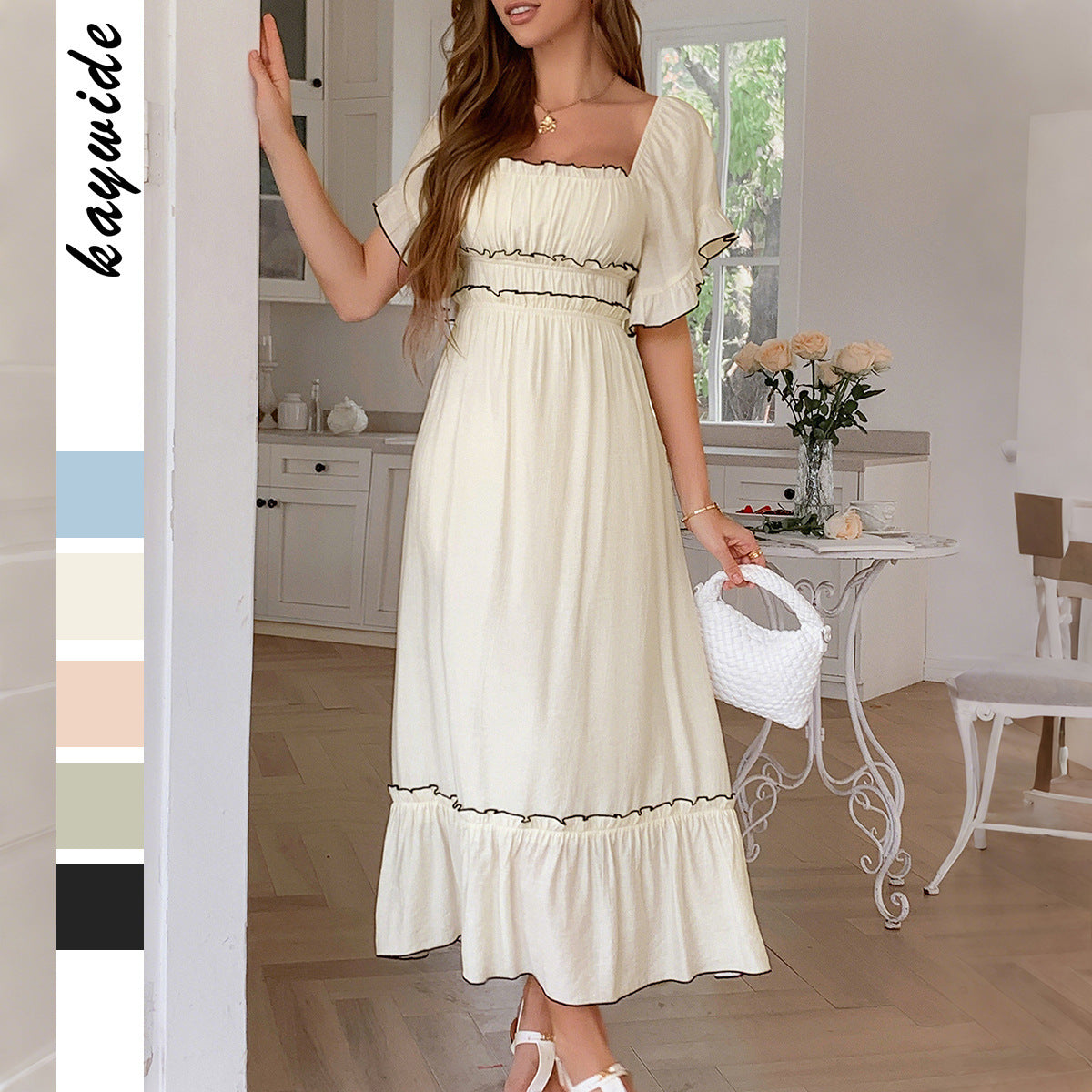 European And American Leisure Vacation Style Stringy Selvedge Short Sleeve Dress