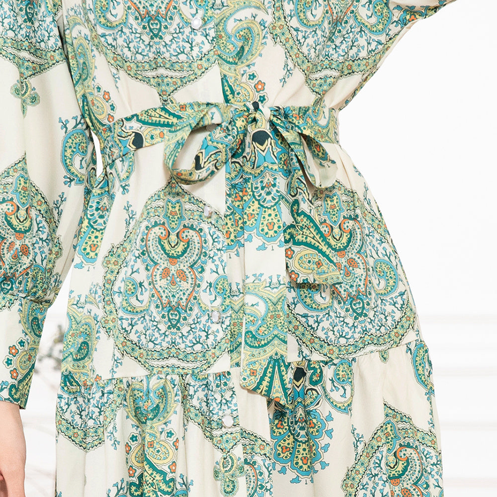 Elegant Style High Collar Flowers Belt Shirt Sleeve Long Dresses