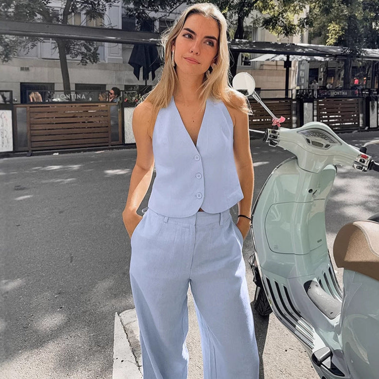 Blue Cotton Linen Sleeveless Waistcoat Vest Trousers Suit