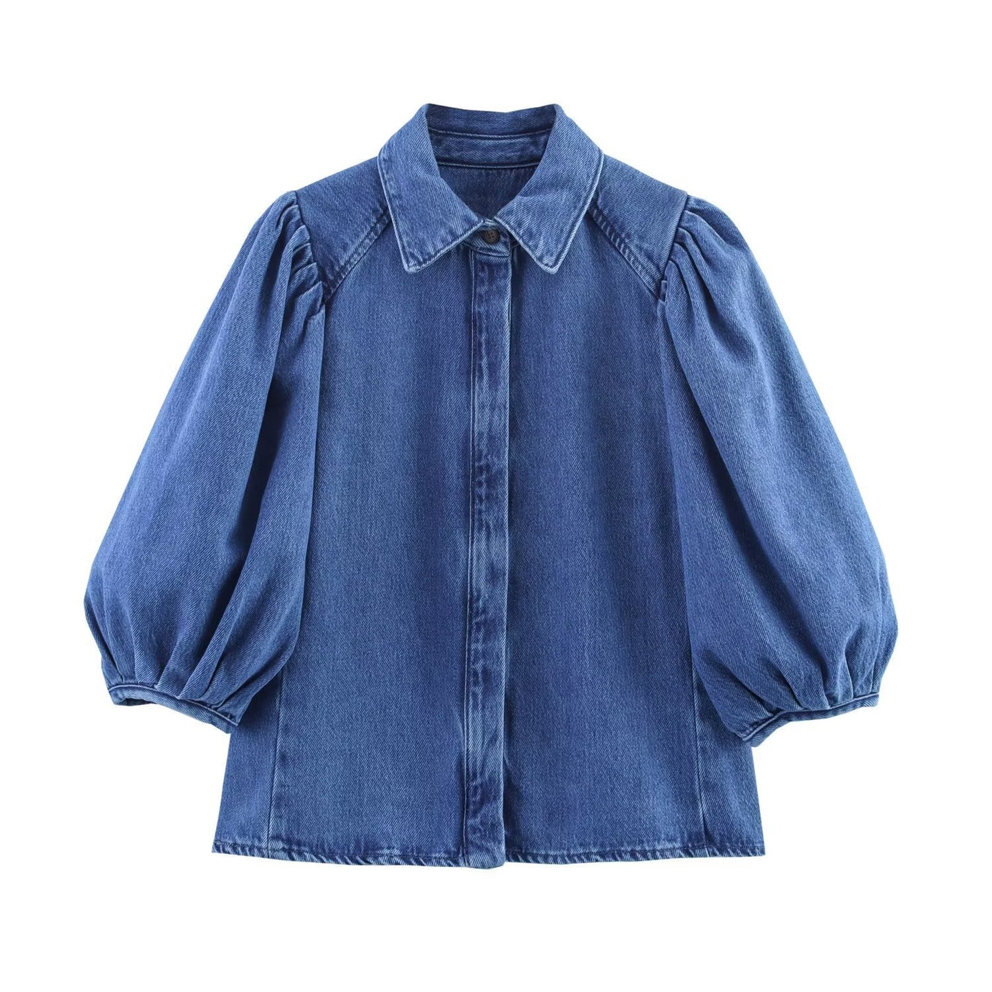 Women's Puff Sleeves Denim Shirt Jeans Suit