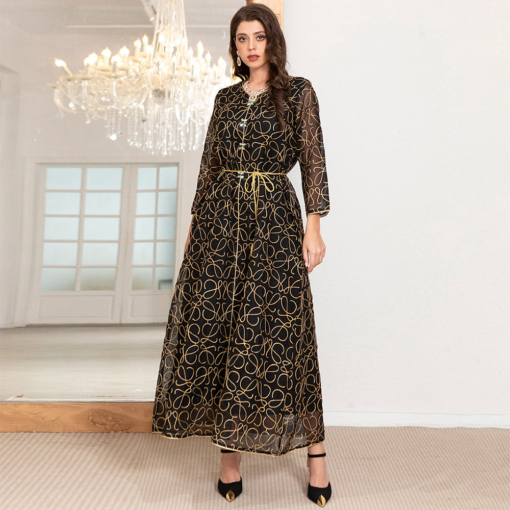 Elegant Style V-neck Geometry Color Contrast Embroidery Belt Regular Sleeve Kaftan Black