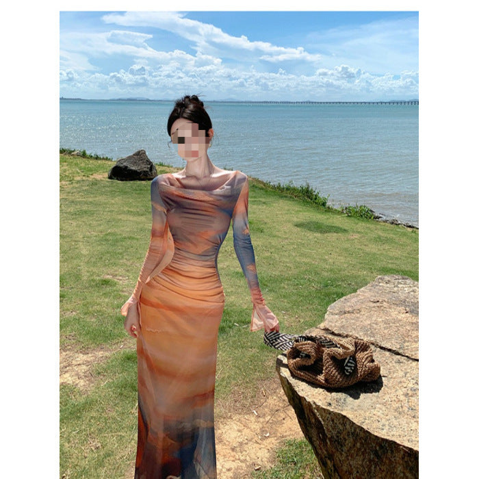 French Hot Girl Sunset Tie-dye Printing Swing Collar Mesh Dress
