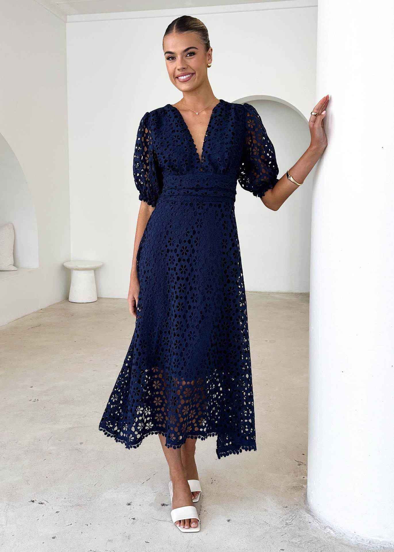 V-neck Sexy Waist Solid Color Lace Hollow Maxi Dress
