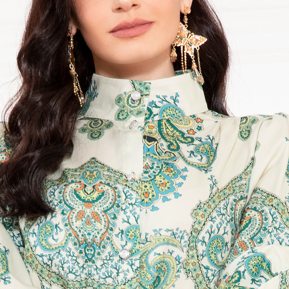 Elegant Style High Collar Flowers Belt Shirt Sleeve Long Dresses