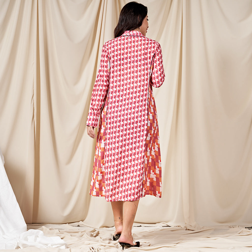 Classical Lapel Geometry Splicing Buttons Shirt Sleeve Mid Dresses