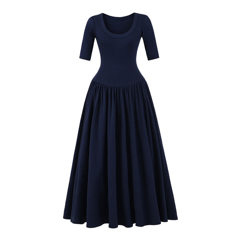 Ballet Style Slim U Collar Pleated Dress