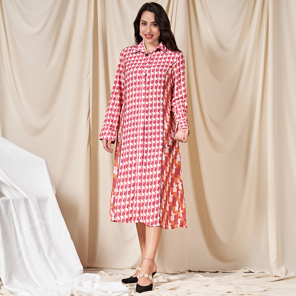 Classical Lapel Geometry Splicing Buttons Shirt Sleeve Mid Dresses