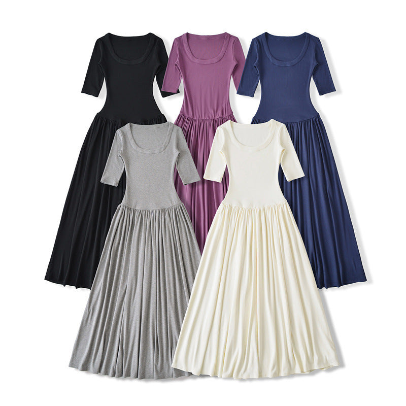 Ballet Style Slim U Collar Pleated Dress