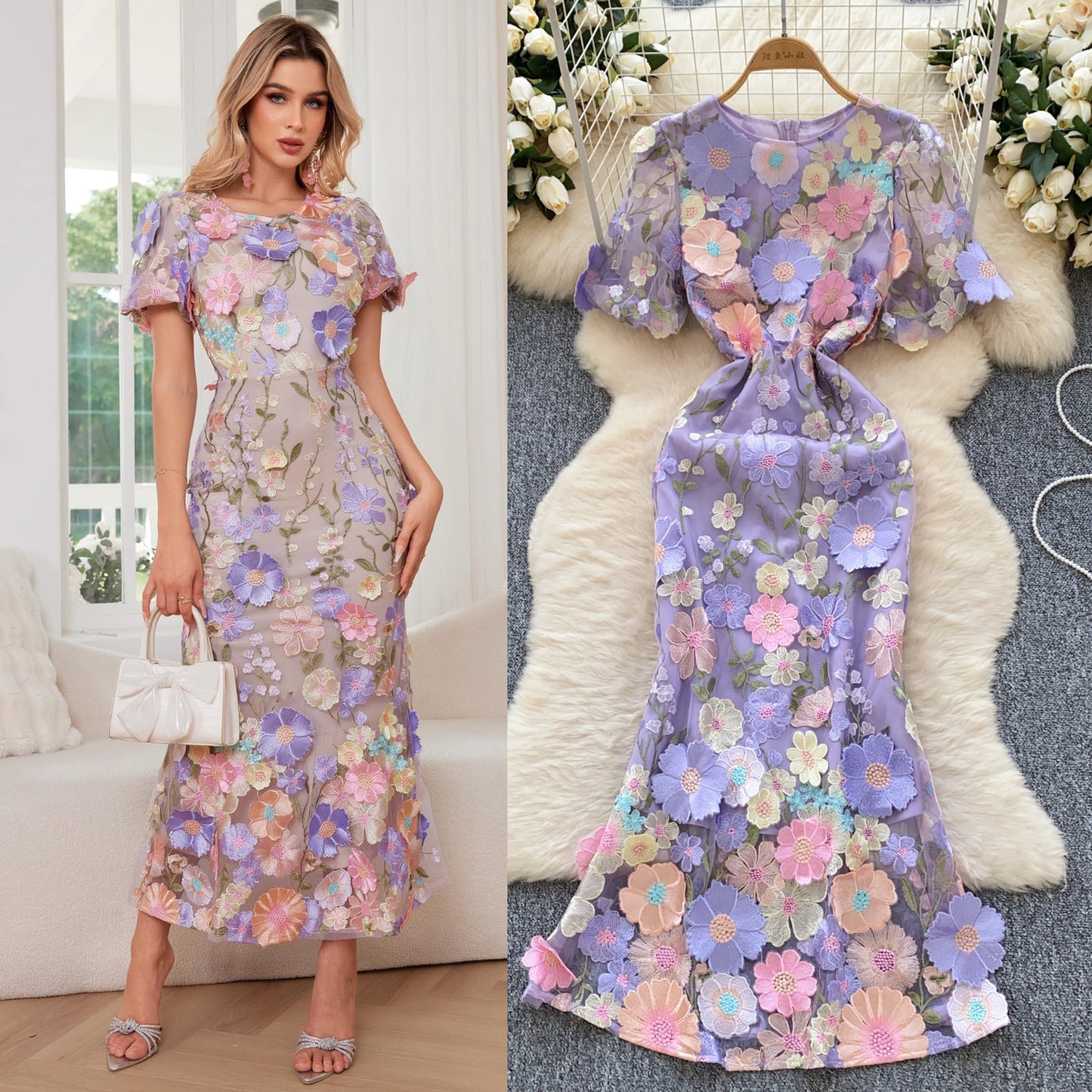 Elegant Flower Embroidery Round Neck Slim Waist Fishtail Dress
