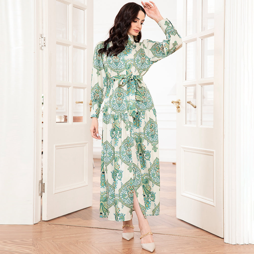 Elegant Style High Collar Flowers Belt Shirt Sleeve Long Dresses
