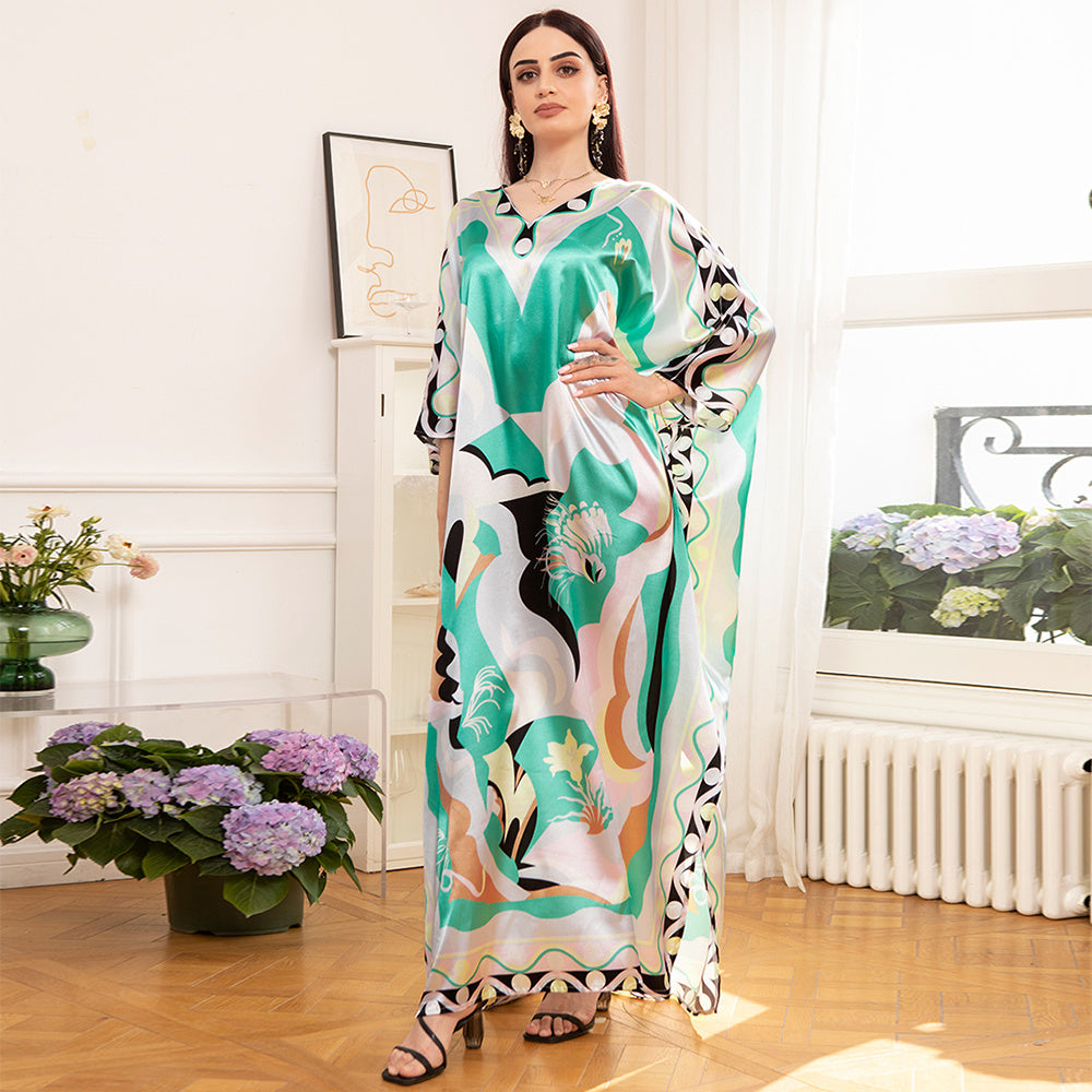 Elegant Style V-neck Color Contrast Printing Abstract Split Fork Irregular Regular Sleeve Kaftan