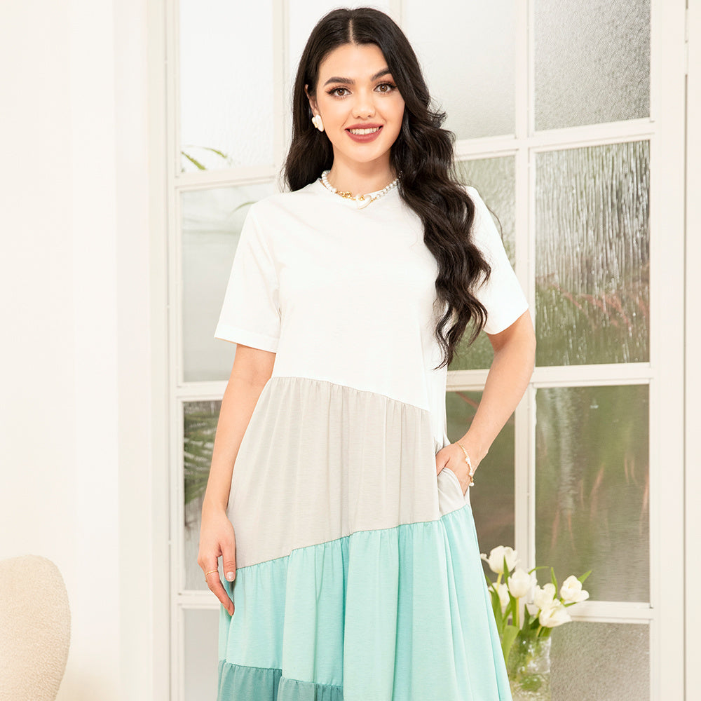 Sweet Round Neck Color Contrast Splicing Pattern Splicing Pocket Regular Sleeve Long Dresses