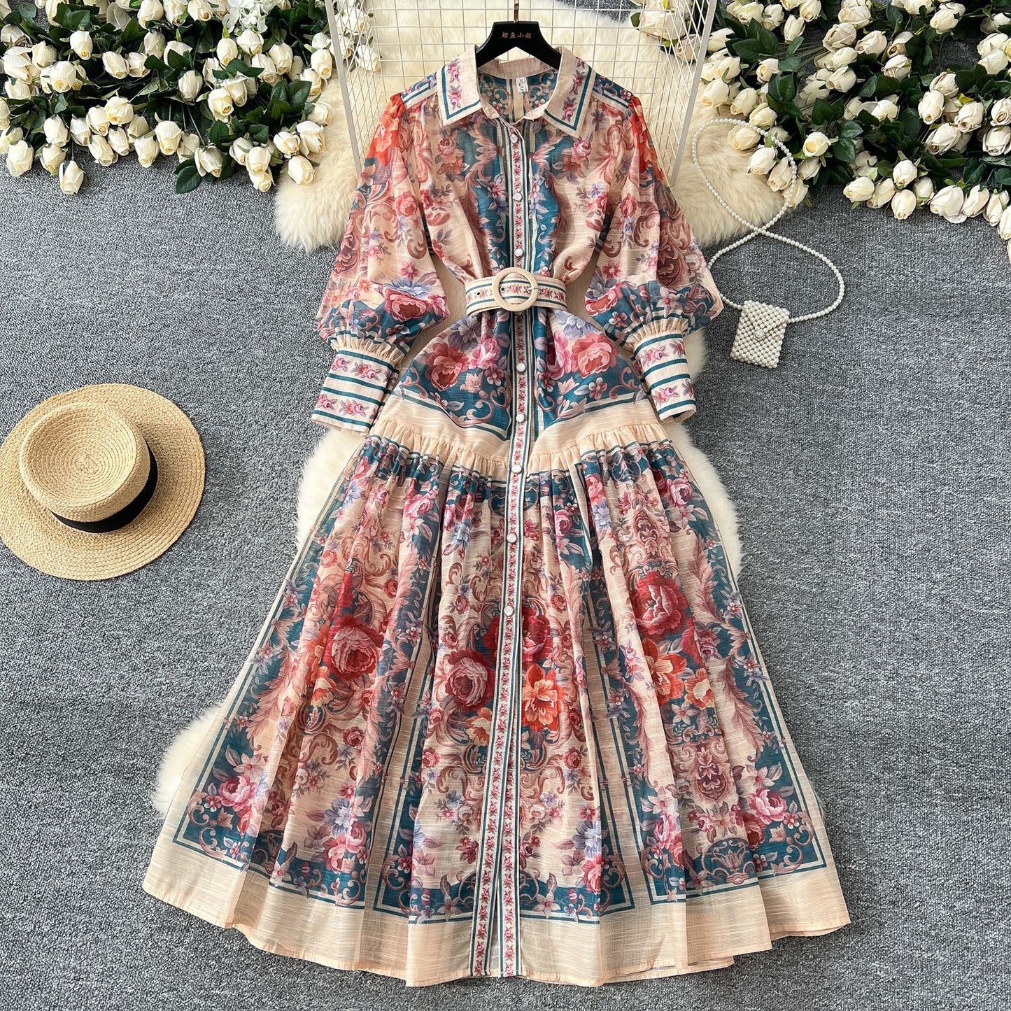 Retro Style Fashionable Printing Lapel Lantern Sleeve Waist-slimming Long Dress