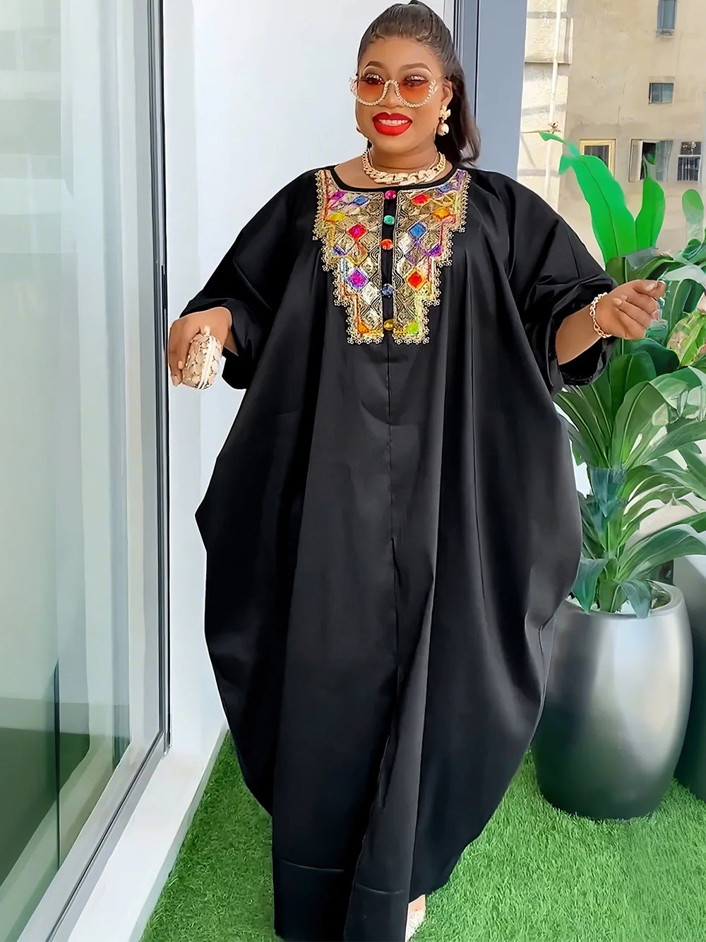 Chest Sequin Patch Dress African Women's Wear Plus Size Loose Robe