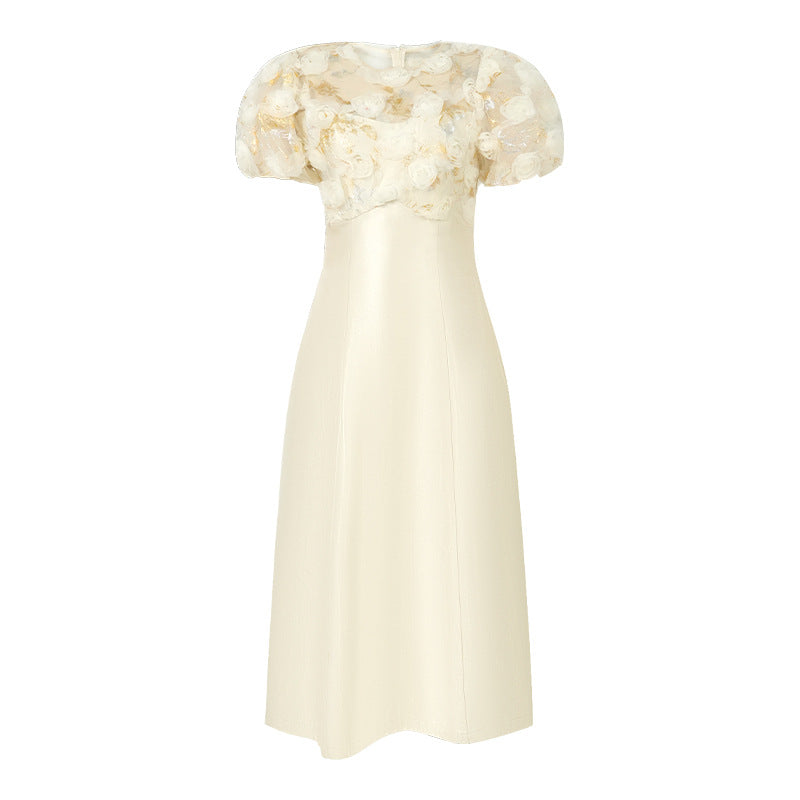 Puff Sleeve Waist-tight Draping Long Dress