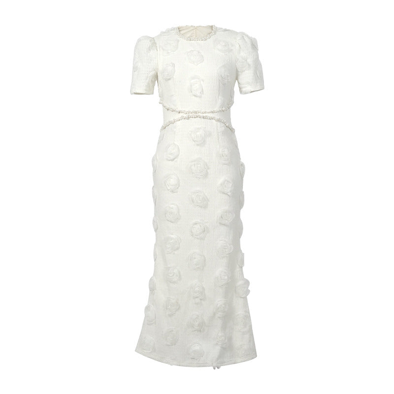 Socialite Style Elegant Pearl Round Neck Waist Trimming Three-dimensional Flower Sheath Dress
