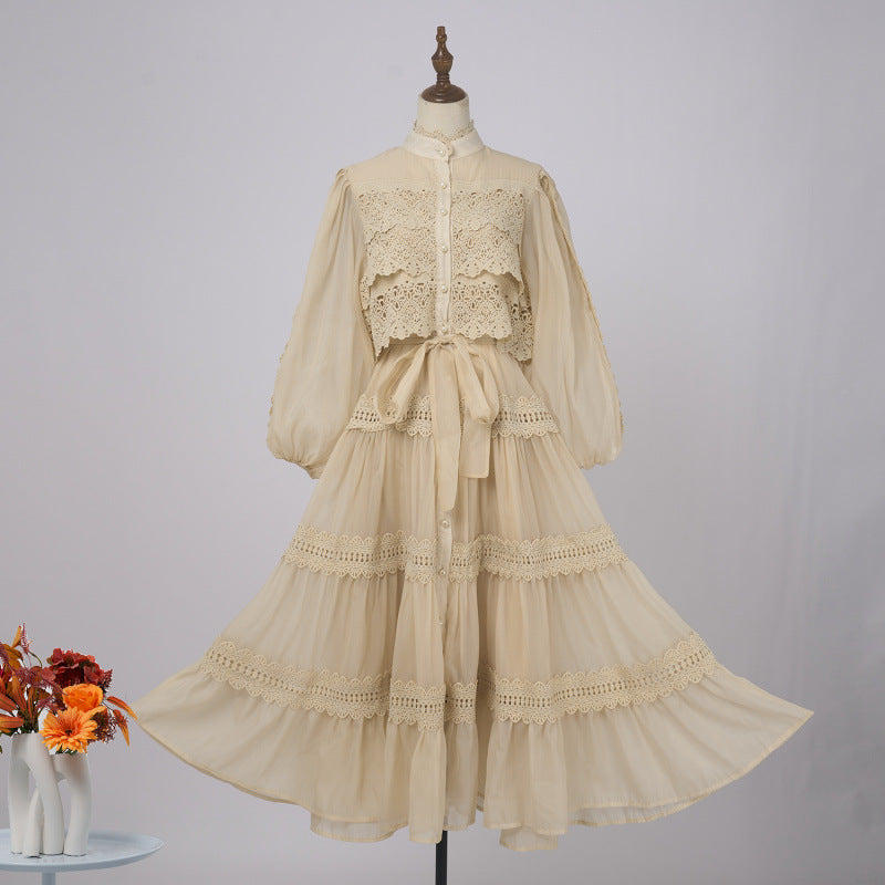 Vacation Style Half Sleeve Refined Handmade Lace Stitching Lantern Swing Dress