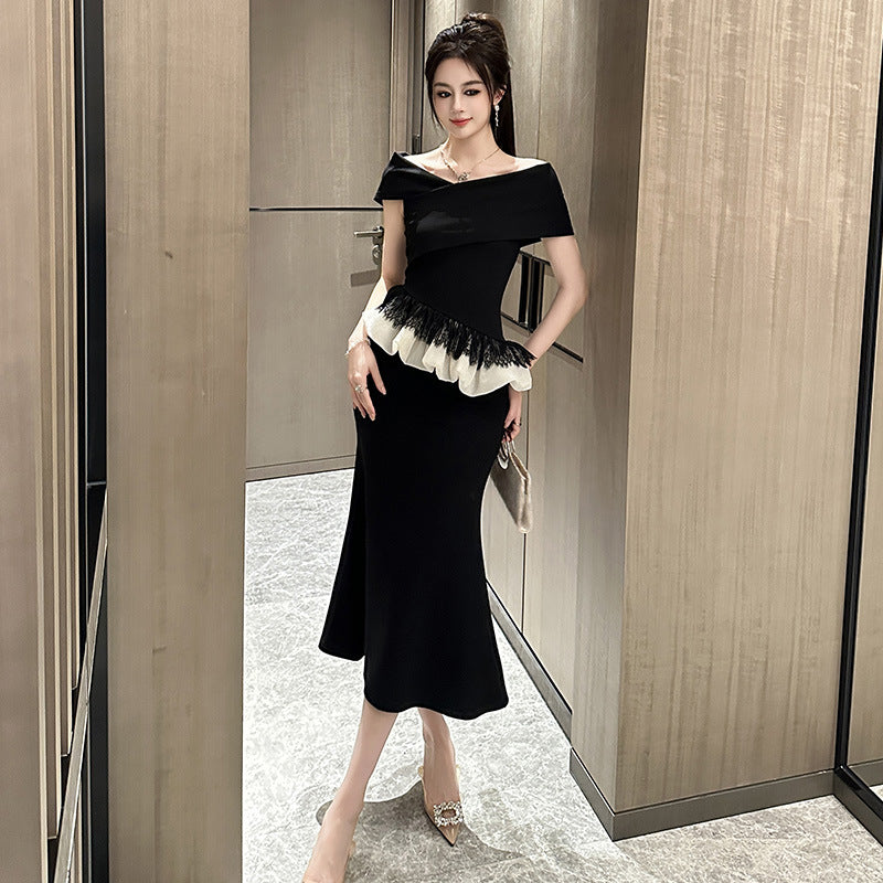 Off-shoulder Collar Design Ruffled Slimming Sheath Dress