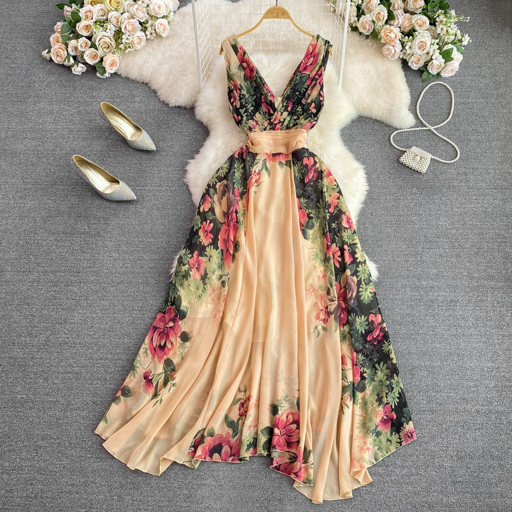 Elegant Women's Dress Long Skirt Waist Slim Print Dress
