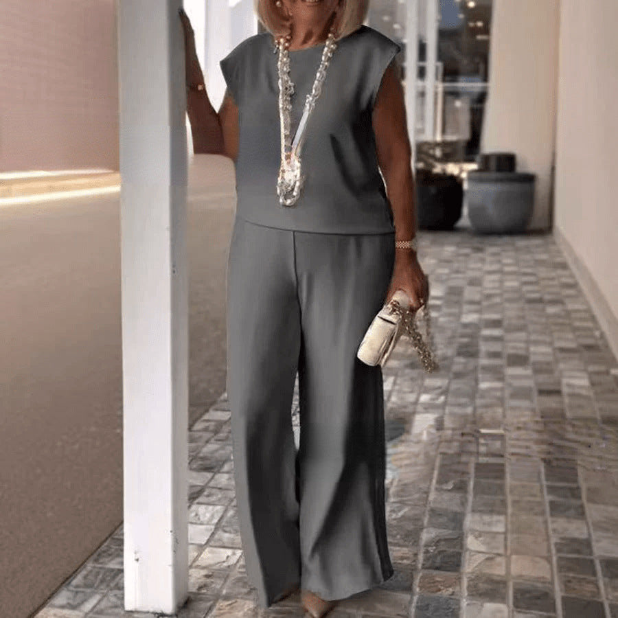 Women's Solid Color Round Neck Sleeveless Top And Trousers Suit