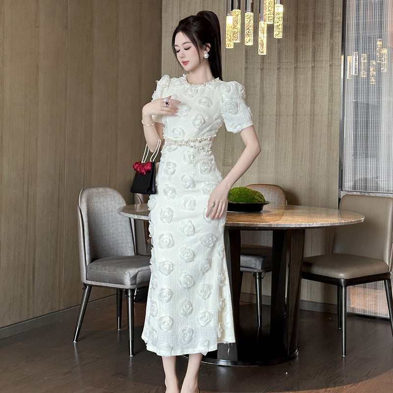 Socialite Style Elegant Pearl Round Neck Waist Trimming Three-dimensional Flower Sheath Dress