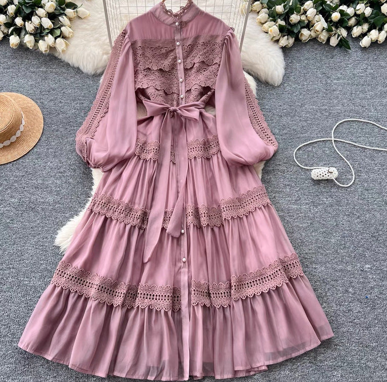 Vacation Style Half Sleeve Refined Handmade Lace Stitching Lantern Swing Dress