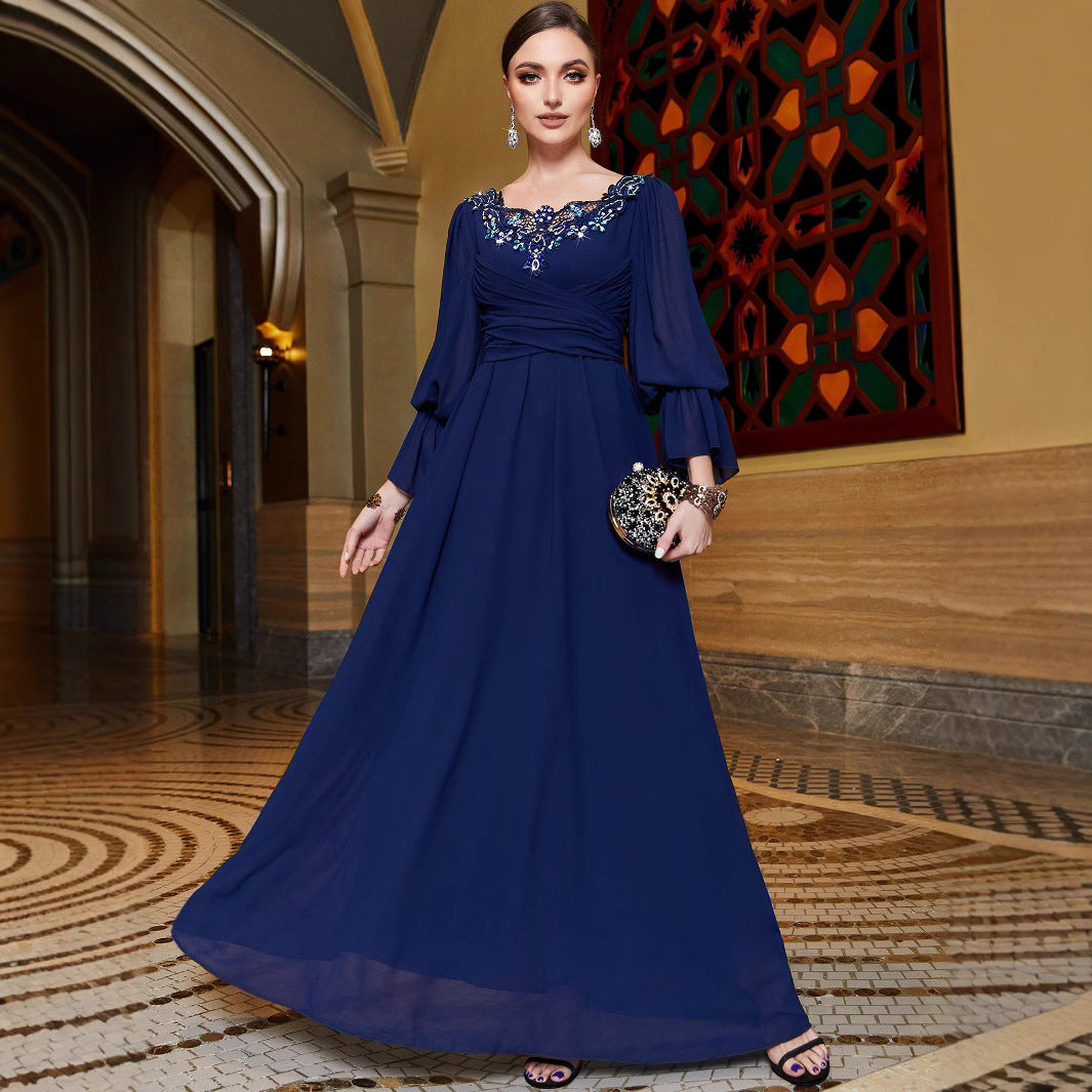 BA3122 Navy Blue Chiffon Patchwork Lace Lace Collar Evening Dress