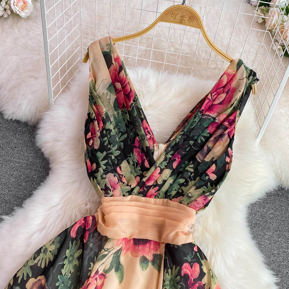 Elegant Women's Dress Long Skirt Waist Slim Print Dress