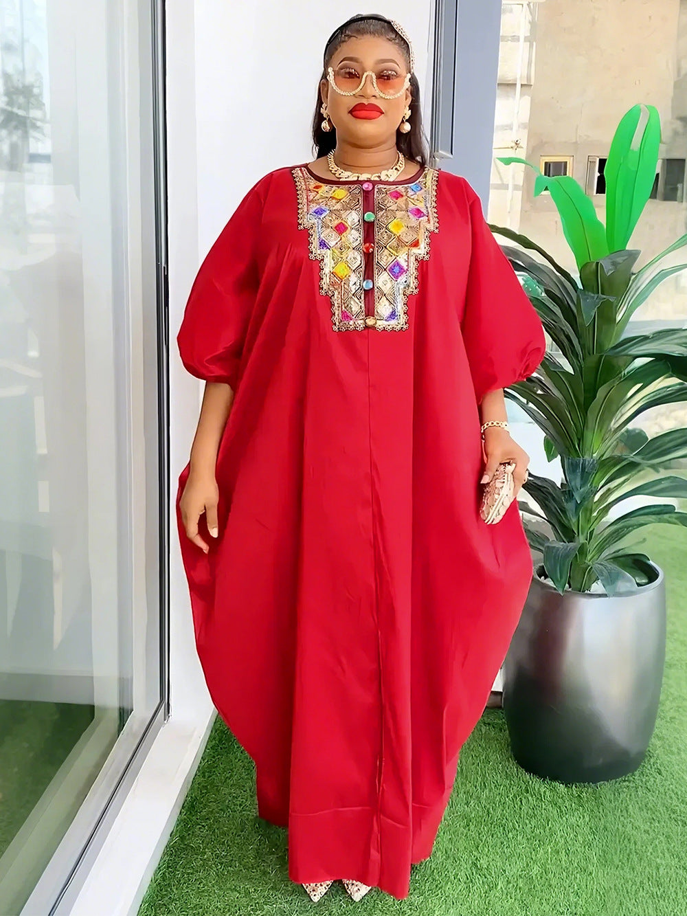 Chest Sequin Patch Dress African Women's Wear Plus Size Loose Robe
