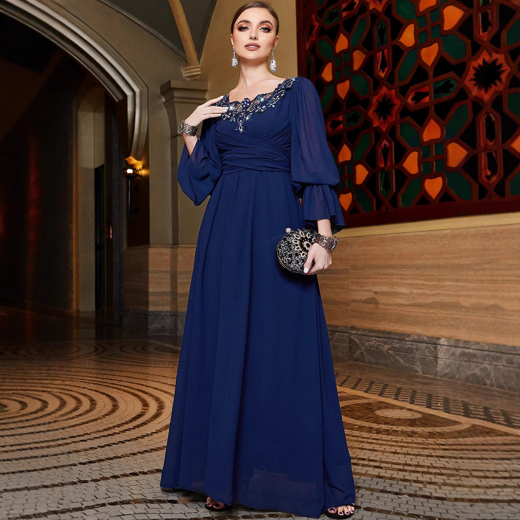 BA3122 Navy Blue Chiffon Patchwork Lace Lace Collar Evening Dress