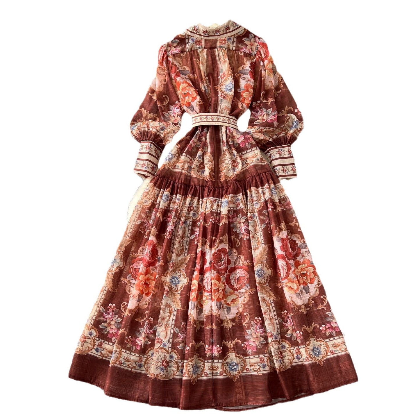 Retro Style Fashionable Printing Lapel Lantern Sleeve Waist-slimming Long Dress