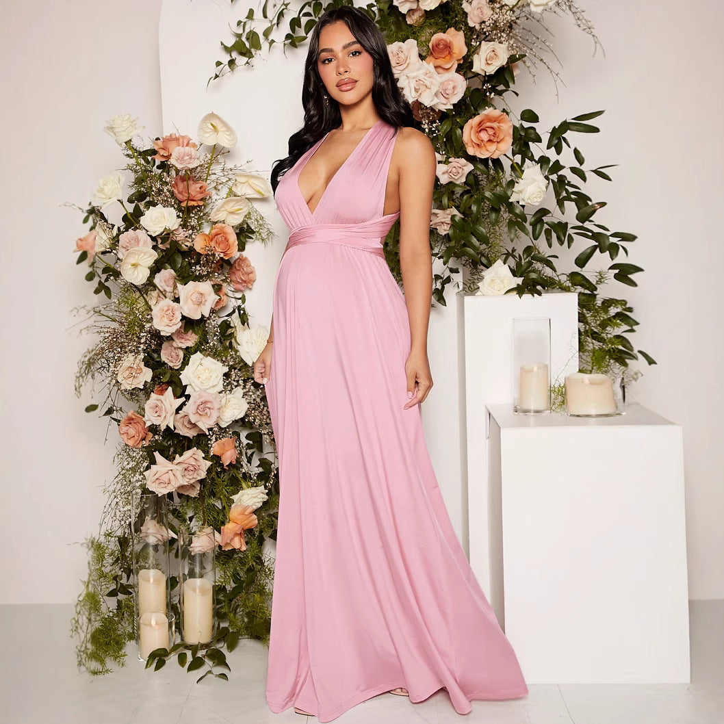 Solid Color Lace-up Pregnant Women Swing Long Dress
