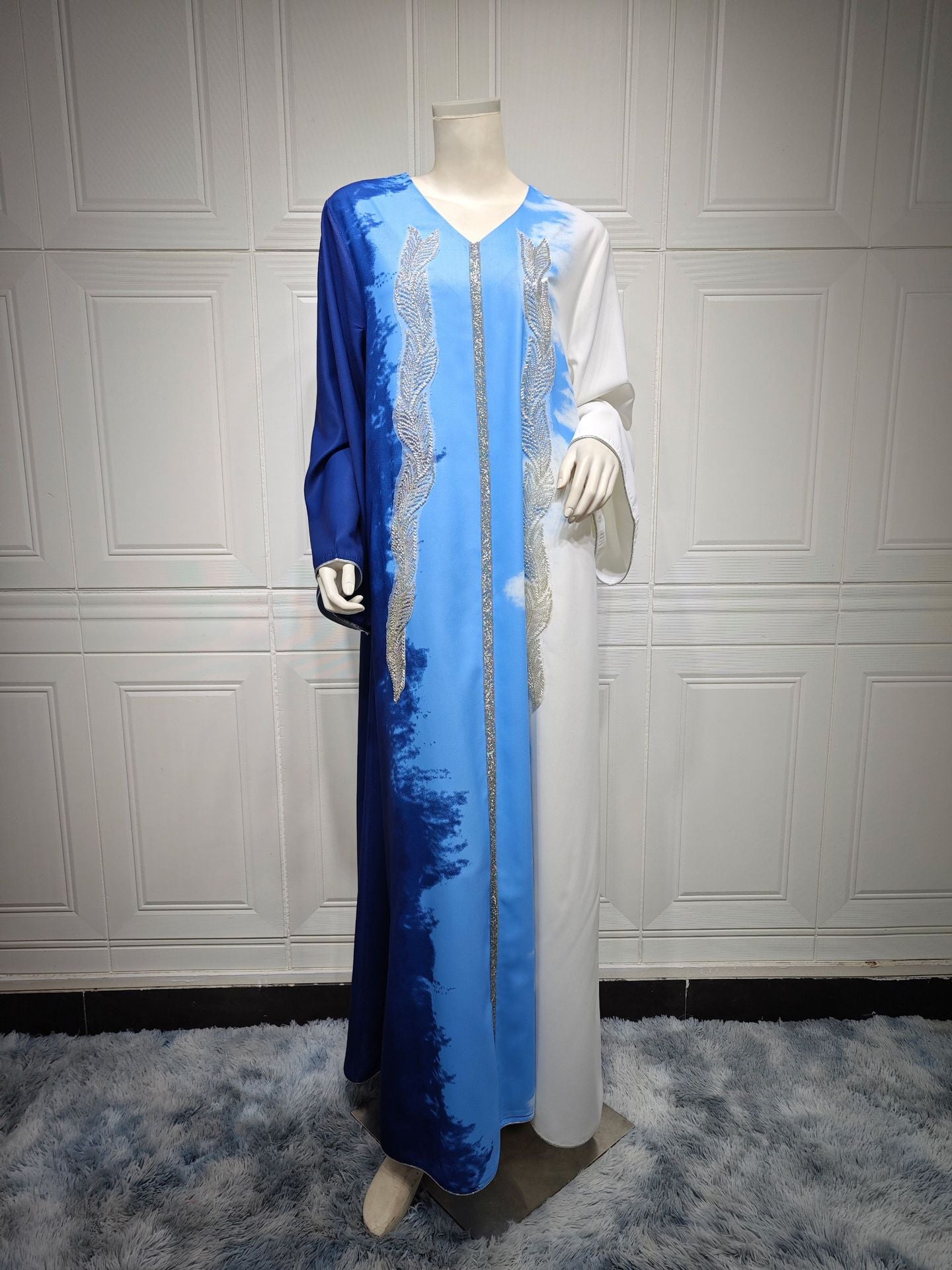 Pearl Embroidery Muslim Dress Tie-dye Rhinestone Robe