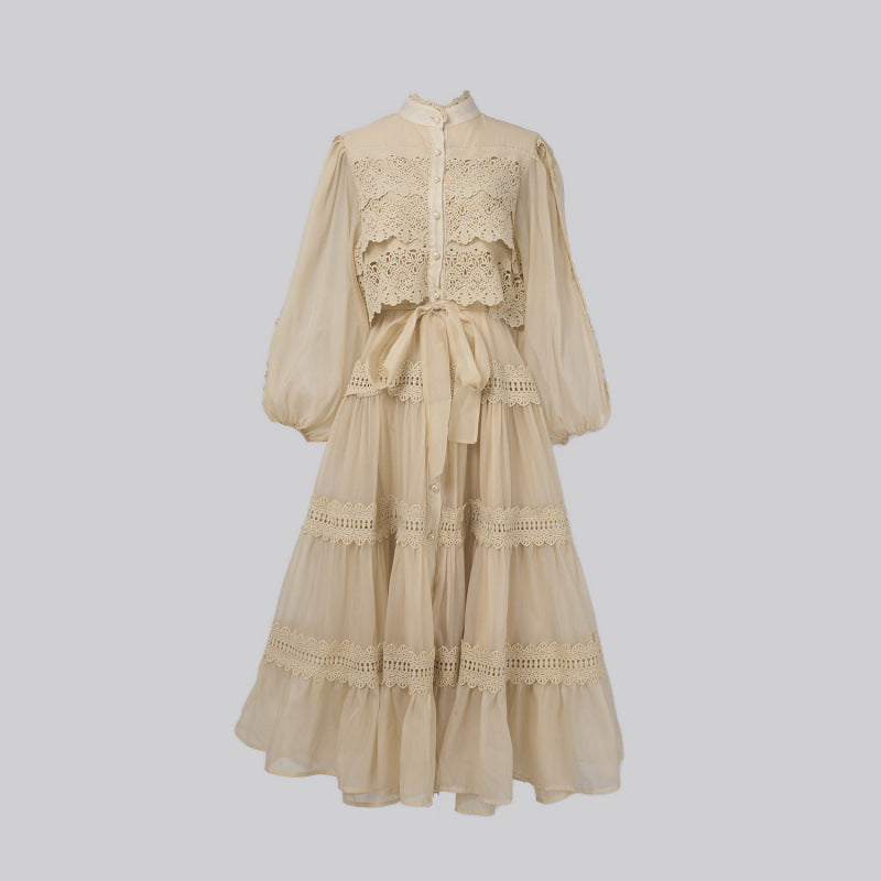 Vacation Style Half Sleeve Refined Handmade Lace Stitching Lantern Swing Dress