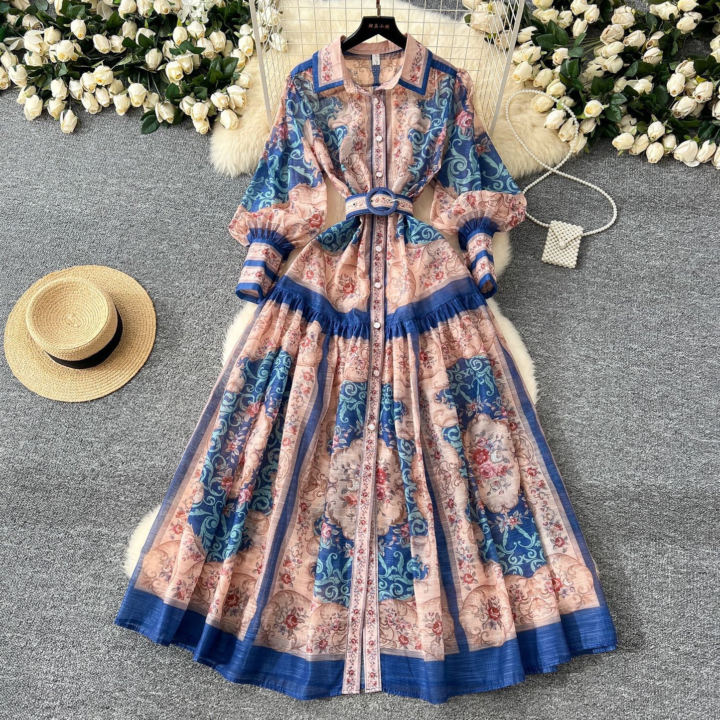 Retro Style Fashionable Printing Lapel Lantern Sleeve Waist-slimming Long Dress