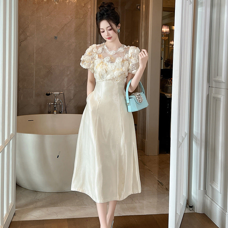Puff Sleeve Waist-tight Draping Long Dress