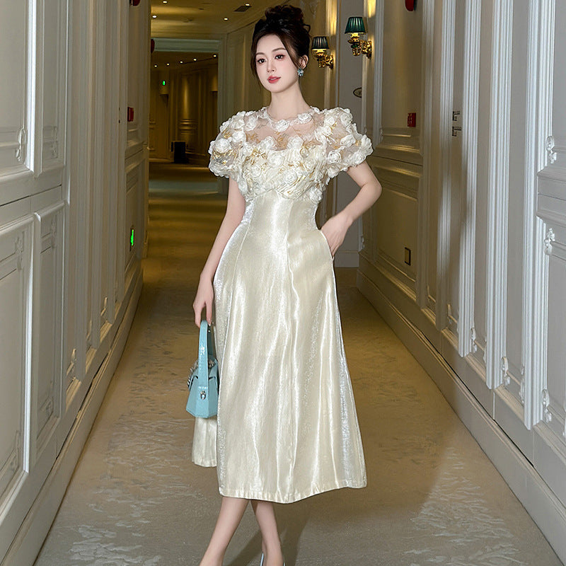 Puff Sleeve Waist-tight Draping Long Dress