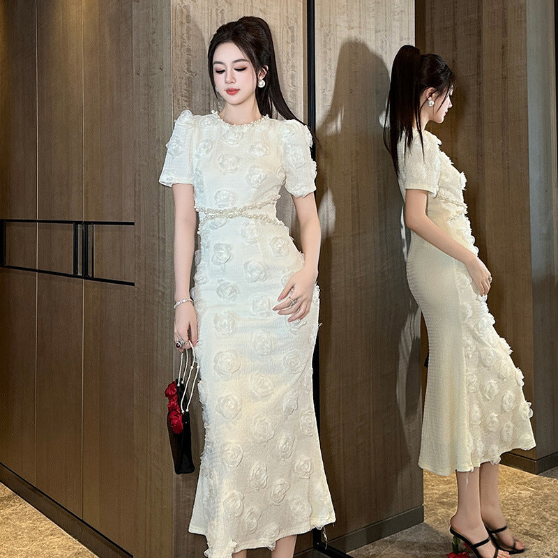 Socialite Style Elegant Pearl Round Neck Waist Trimming Three-dimensional Flower Sheath Dress