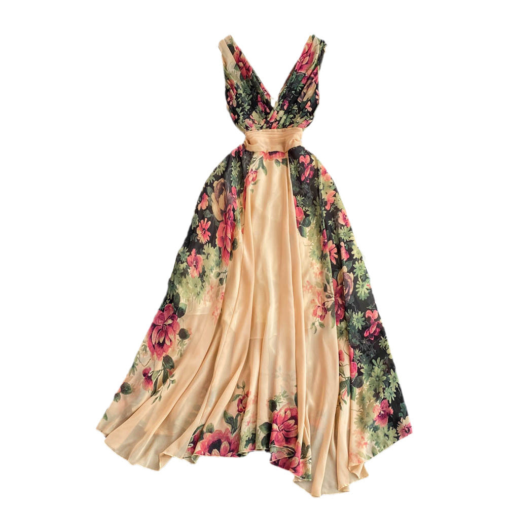 Elegant Women's Dress Long Skirt Waist Slim Print Dress