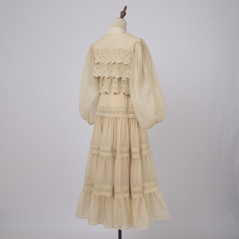 Vacation Style Half Sleeve Refined Handmade Lace Stitching Lantern Swing Dress