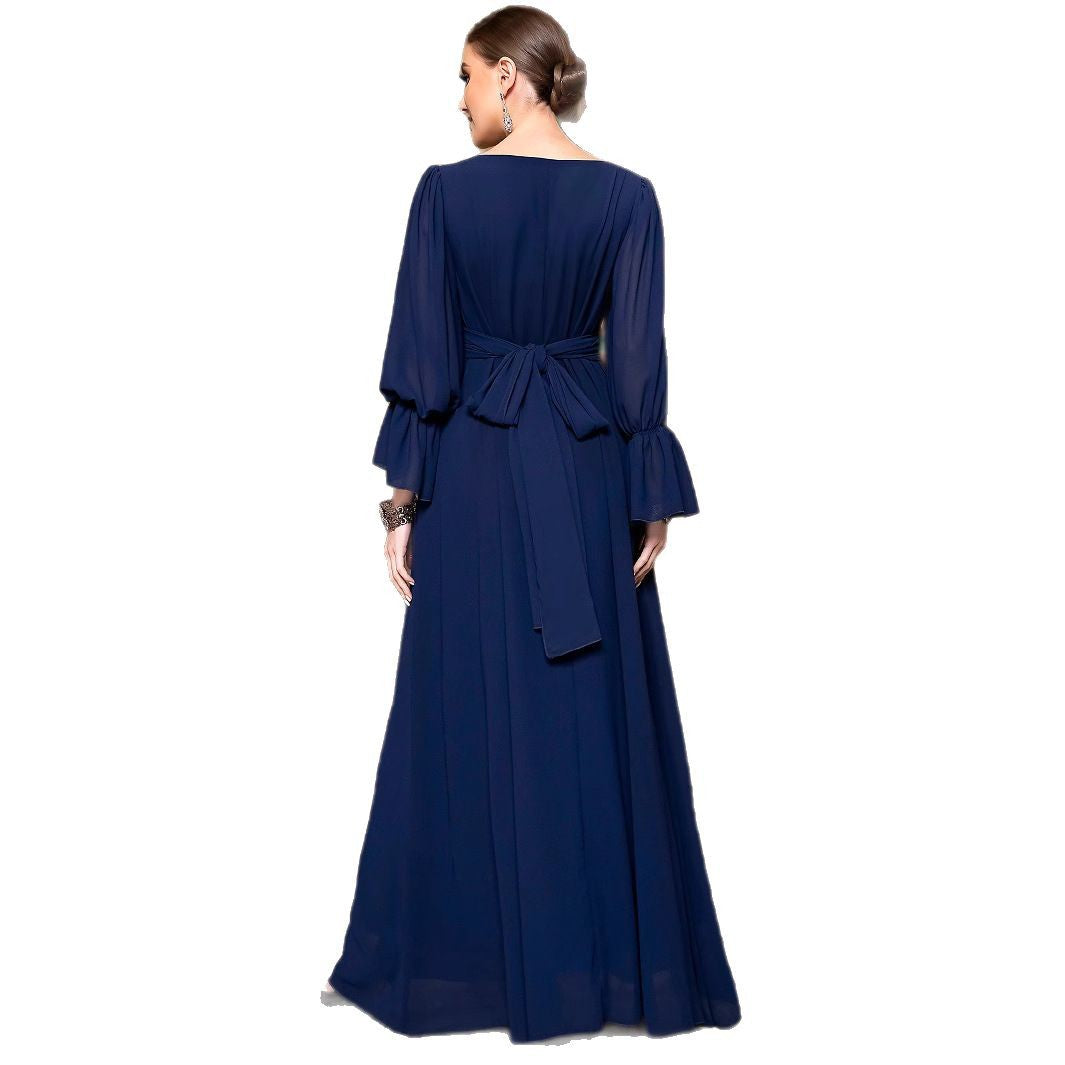 BA3122 Navy Blue Chiffon Patchwork Lace Lace Collar Evening Dress