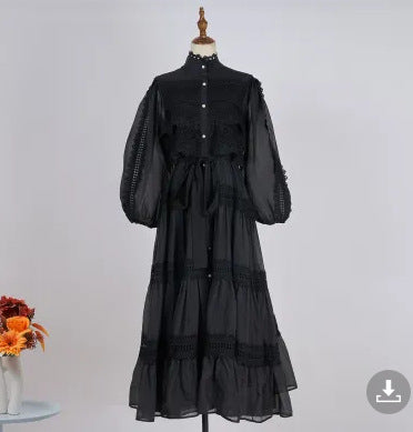 Vacation Style Half Sleeve Refined Handmade Lace Stitching Lantern Swing Dress