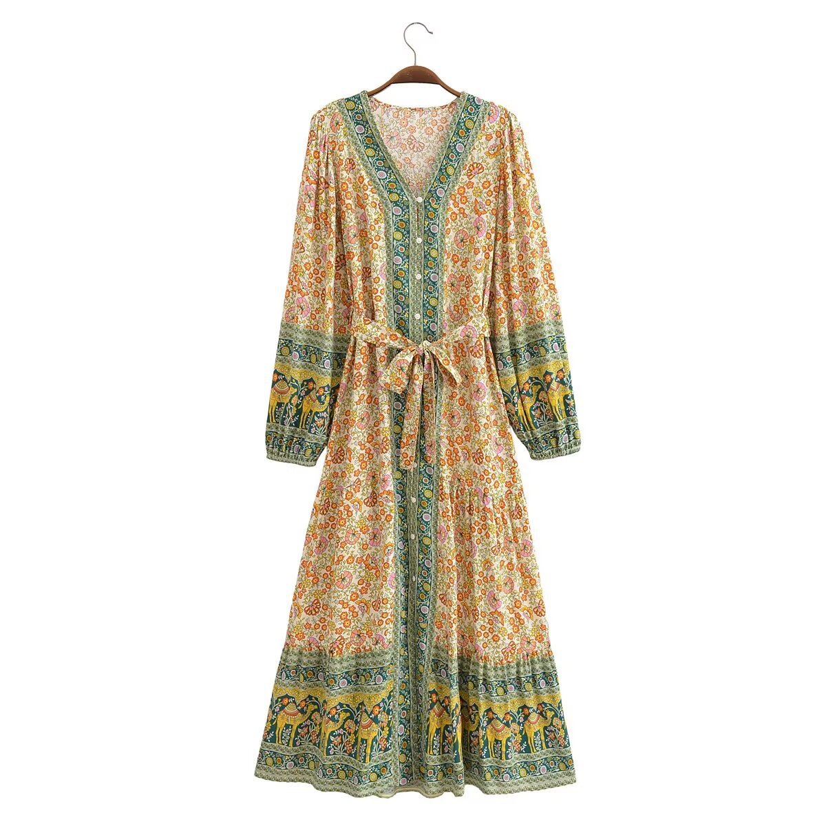 Rayon Watermark Positioning Flower Belt Dress