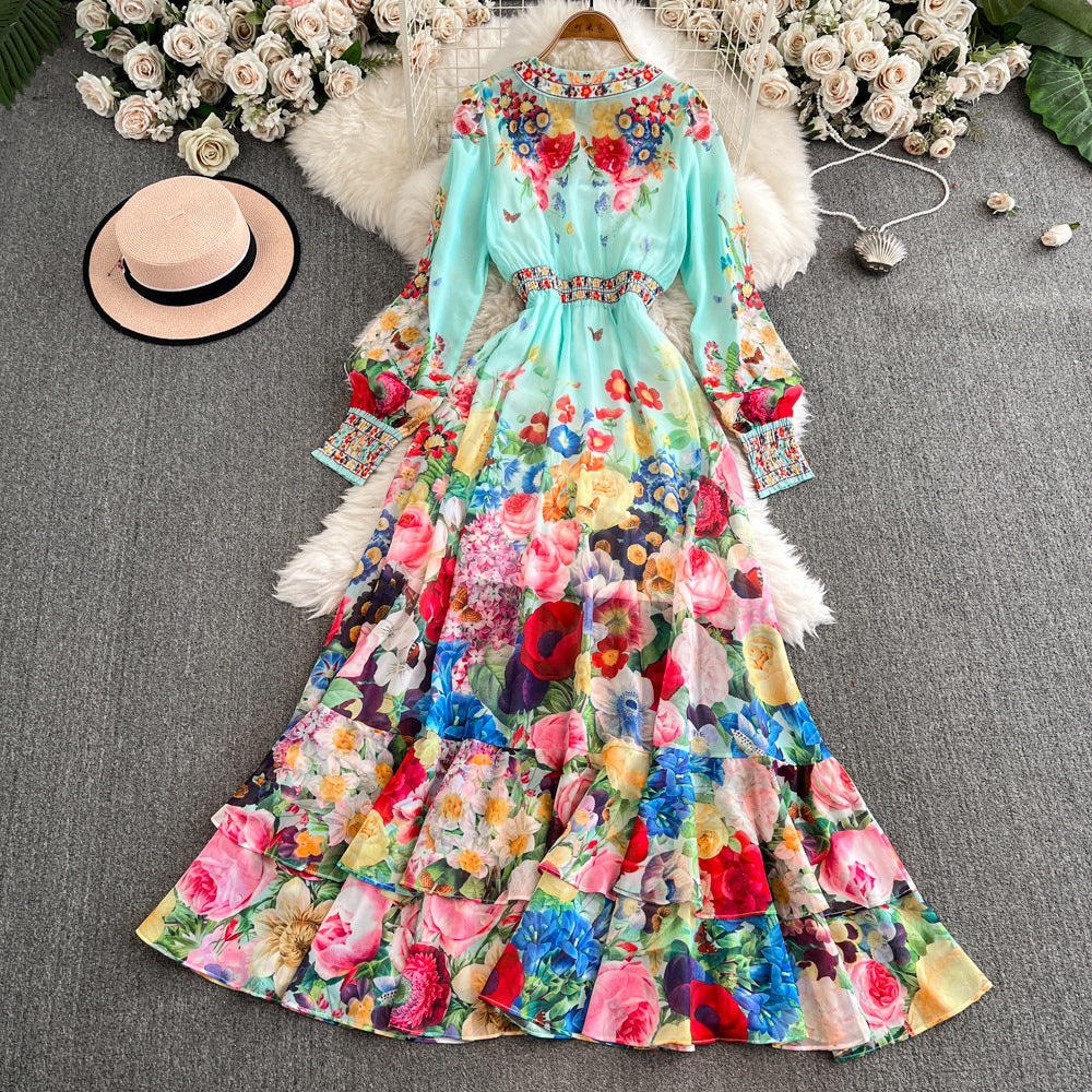 French Waist-controlled Large Hem Single-breasted Over-the-knee Elegant Dress